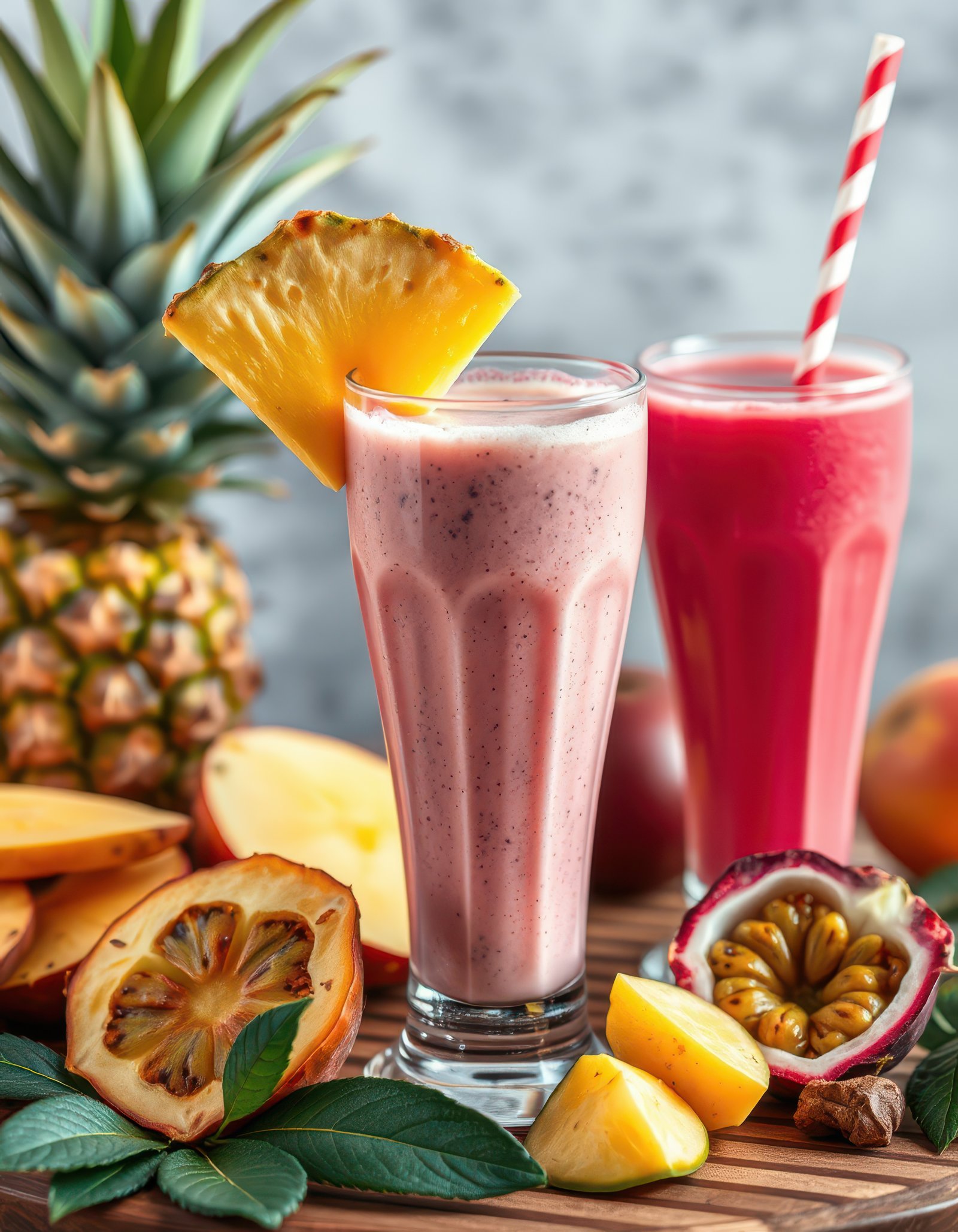 Refreshing tropical smoothies made with fresh fruit and served in elegant glasses on a wooden table